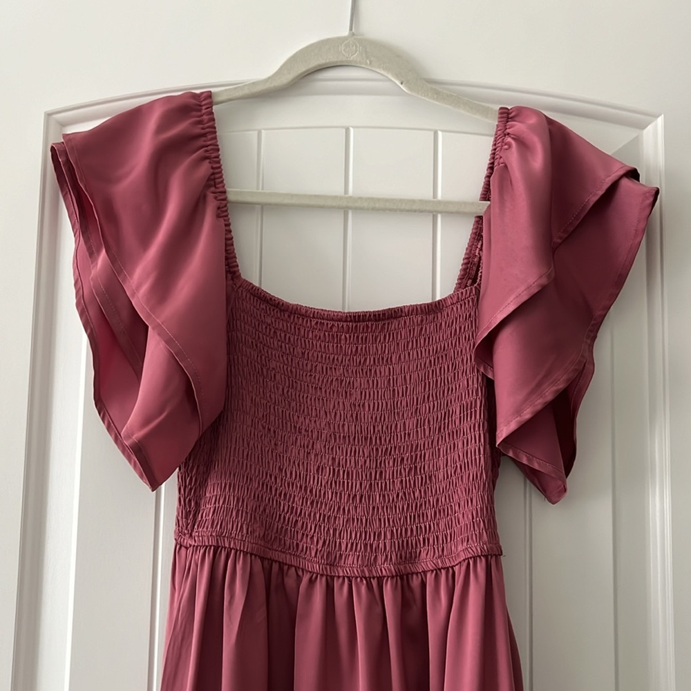 Mauve Satin Flutter Sleeve Maternity Midi Dress - image 2